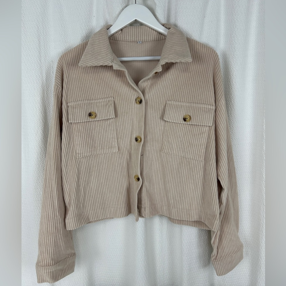Cropped Shacket Ribbed Cream Large